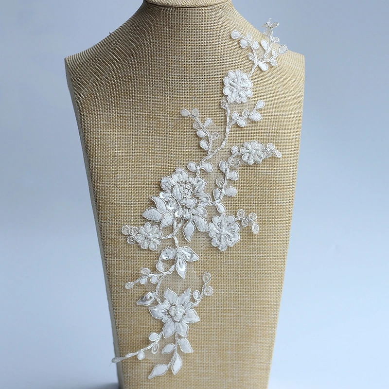 

Ivory Alencon Lace Applique Beaded Sequined Patch For Wedding Supplies Bridal Hair Flower Headpiece