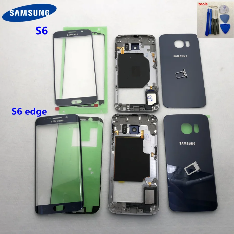 Для samsung Galaxy S6 G920 G920F G925F G9200 Задняя крышка батареи передняя средняя рамка S6 Edge G925 полный корпус сенсорный стеклянный объектив