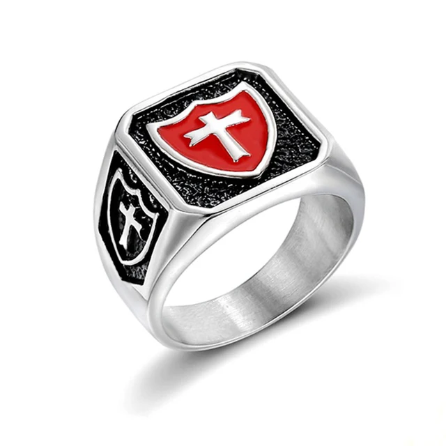 Vintage Medieval Signet Ring Stainless Steel Titanium Red Armor Shield ...