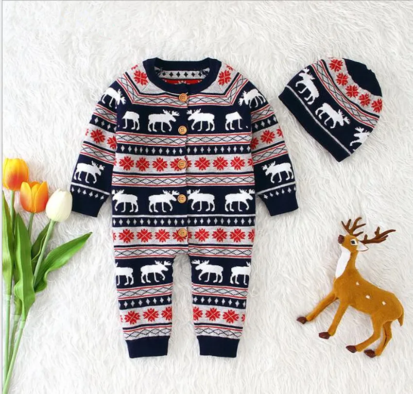 Christmas Baby Romper Deer Knitted Baby Clothes Newborn Baby Boy Girl Clothes Costume Cotton Infant Baby Jumpsuit With Hat