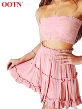 OOTN ピンク 2 個セットストラップレスハイウエストフリルスカート夏クロップトップ女性のカジュアルなトップス女性のツーピースの衣装ドレススーツ(China)