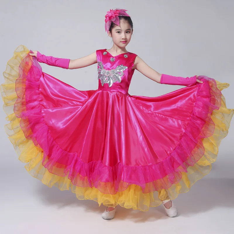 

Children Flamenco Dress Girls Spanish Bullfighting Dance Dress Ballroom Big Swing Art Performance Costume Stage Wear M98