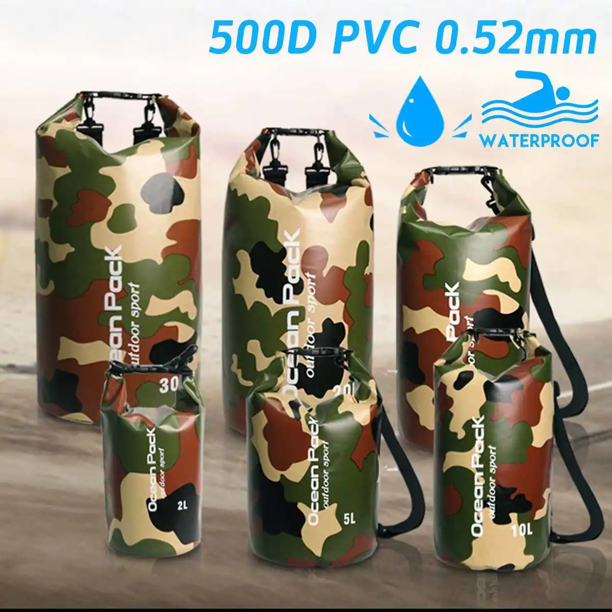 

PVC Waterproof Dry Bag 20L Camo Outdoor Diving Foldable Man Women Beach Swimming Bag Rafting River Ocean backpack