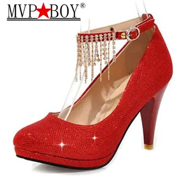 

MVP BOY Big size 34-43 Brand New design Spring Summer Women high heels Pointed toe Sexy Pumps Rhinestone Glitter Wedding shoes