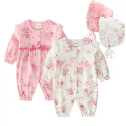 2019 цветочный Одежда для новорожденных девочек оборками с длинным рукавом комбинезон принцессы осень младенческой Боди + шапки D67