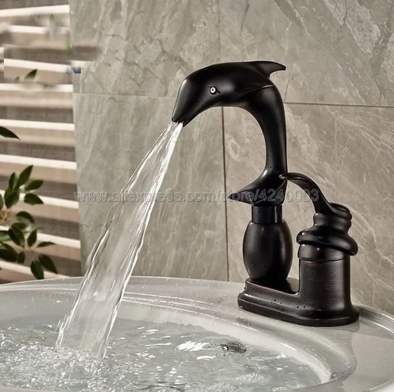 Oil Rubbed Bronze Dolphin Shape Bathroom Basin Faucet Single Handle Deck Mount Basin Vessel Sink Mixer Tap Knf032