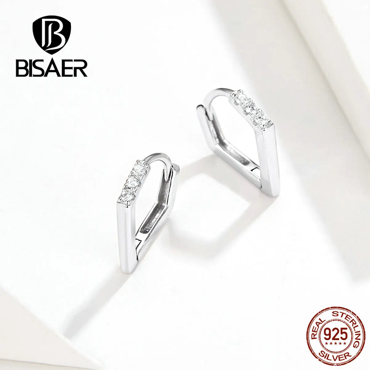 Женские серебряные сережки кольца BISAER простые геометрические серьги из