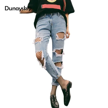 

2019 Spring big Holes Jeans For Women loose straight Pants light blue Vintage Ripped Washed rough selvedge Women Denim Trousers