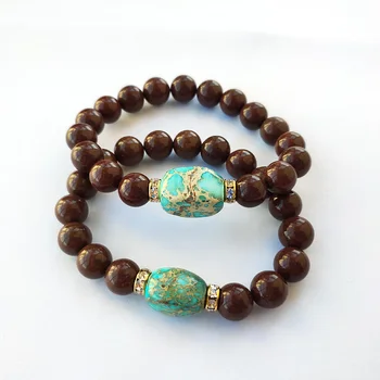 

5 Strands New Design 10mm brown Stone beads with blue Imperial Sea Sediment Stone bead Yoga Meditation Energy Bracelet BG290