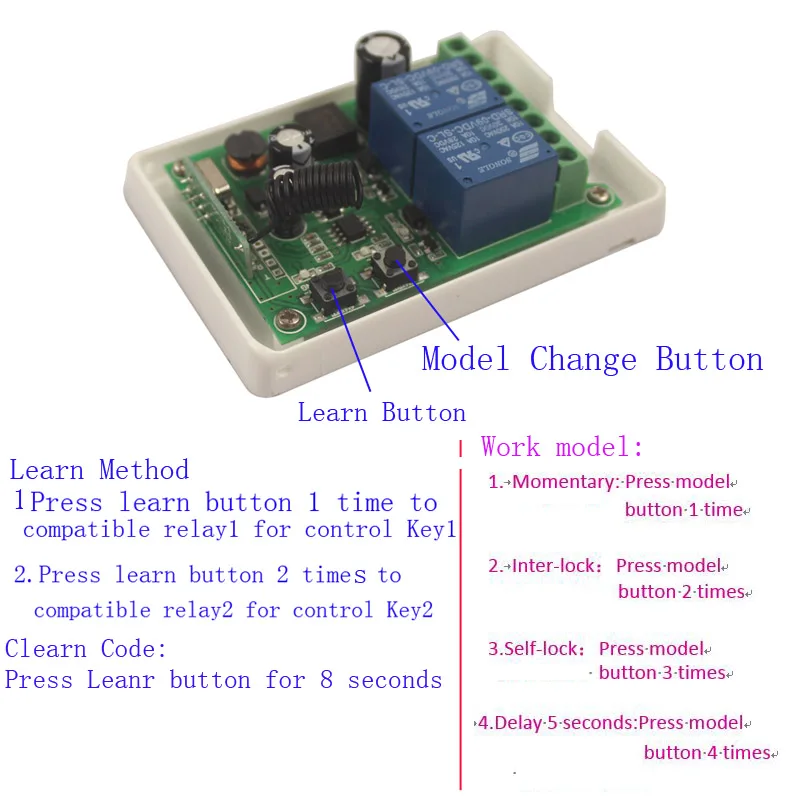 12V 24V 48V 2CH 10A RF Wireless Remote Control Relay Switch Security System Garage Doors Gate Electric Doors Shutters (6)