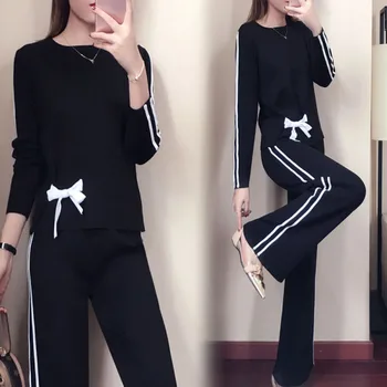 

Three Colors Knitted Woman Suit Year-old Female Costume Chic Wide Leg Pants 2 Piece Set Women Casual Ensemble Femme Survetement