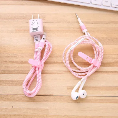 

Good Gift Cartoon USB Cable Earphone Protector Set With Cable Winder Stickers Spiral Cord Protector For iphone 5 6 6s 7