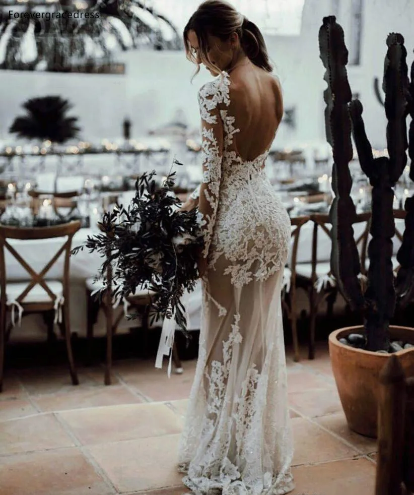 2019 New Beach Long Sleeves Sheer Mermaid Wedding Dresses Crew Neck Open Back Applique Lace Plus Size Bohemian Bridal Gowns BC1076  164 (11)