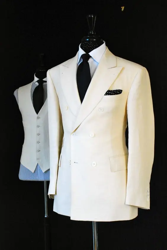 Custom Made White Double Breasted Man Suit 3 Pieces Groom Tuxedos Mens ...