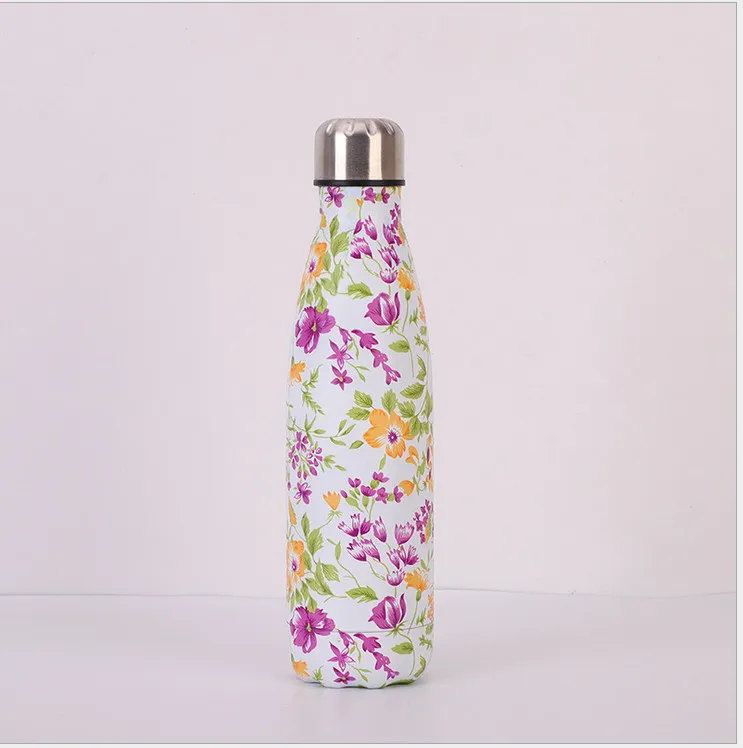 500 мл портативная бутылка-термос для мальчиков и девочек из нержавеющей стали, бутылка для воды, термосы, изолированная чашка, кружка для путешествий с высокой вместительностью для студентов - Цвет: Small Purple Flower