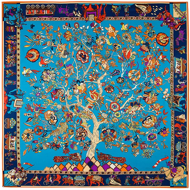 

130cm*130cm 2017 Luxury Brand Charm Life Tree Print Twill Silk Scarf For Women Headband Female Large Square Scarves Silk Shawls