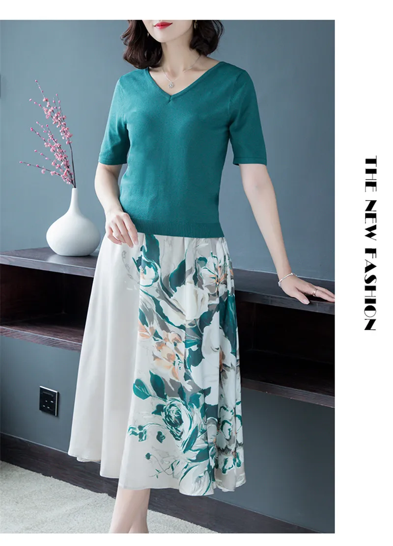 CBAFU/Модный комплект из 2 предметов; цветочный принт; трапециевидный костюм с юбкой; Короткий эластичный вязаный черно-зеленый пуловер; укороченные топы; наряды; P163