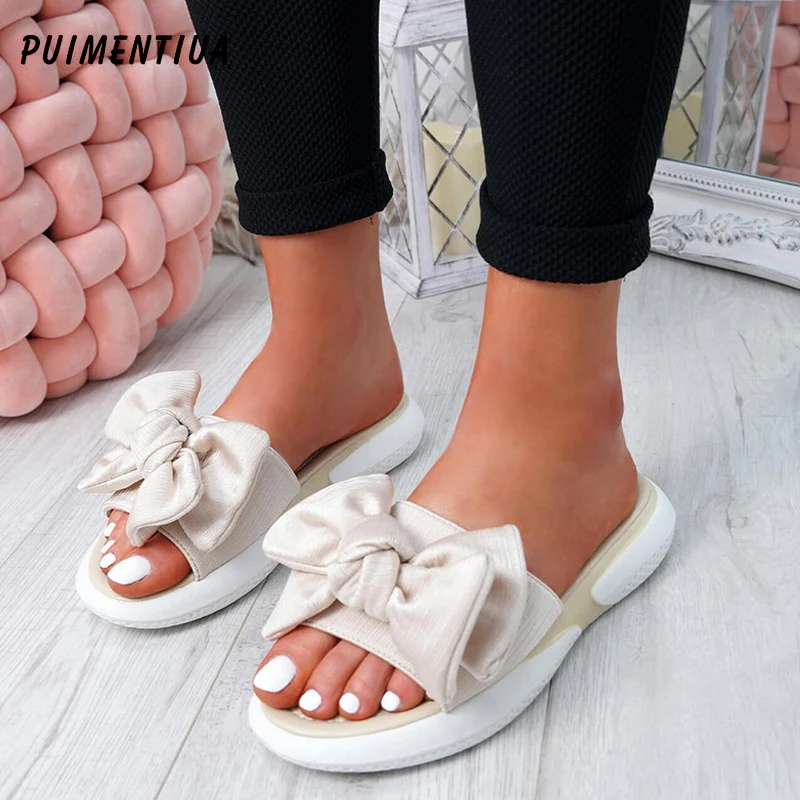 

PUIMENTIUA 2019 New Fashion Women Ladies Bow Flats Sandals Slip On Sliders Peep Toe Casual Shoes Female Sandals Shoes Size 35-43