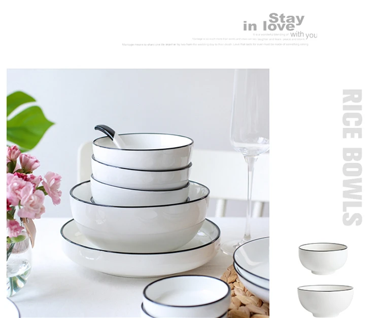 Antowall Nordic Керамика набор посуды 2/4/6/8/12 человек простой черный край линии белой посуды с переводным рисунком в комплекте для тарелочной чаши посудомоечная машина