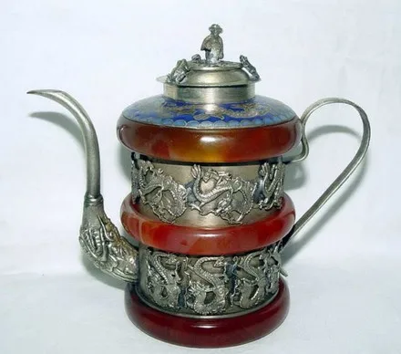 

Vintage Tibet Silver Jade Dragon Bracelet Teapot Monkey Lid
