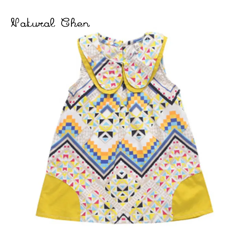 

Children Children's wear 2019 Summer New Girls Fashion Lattice Dress Sleeveless Geometric Printing Dress