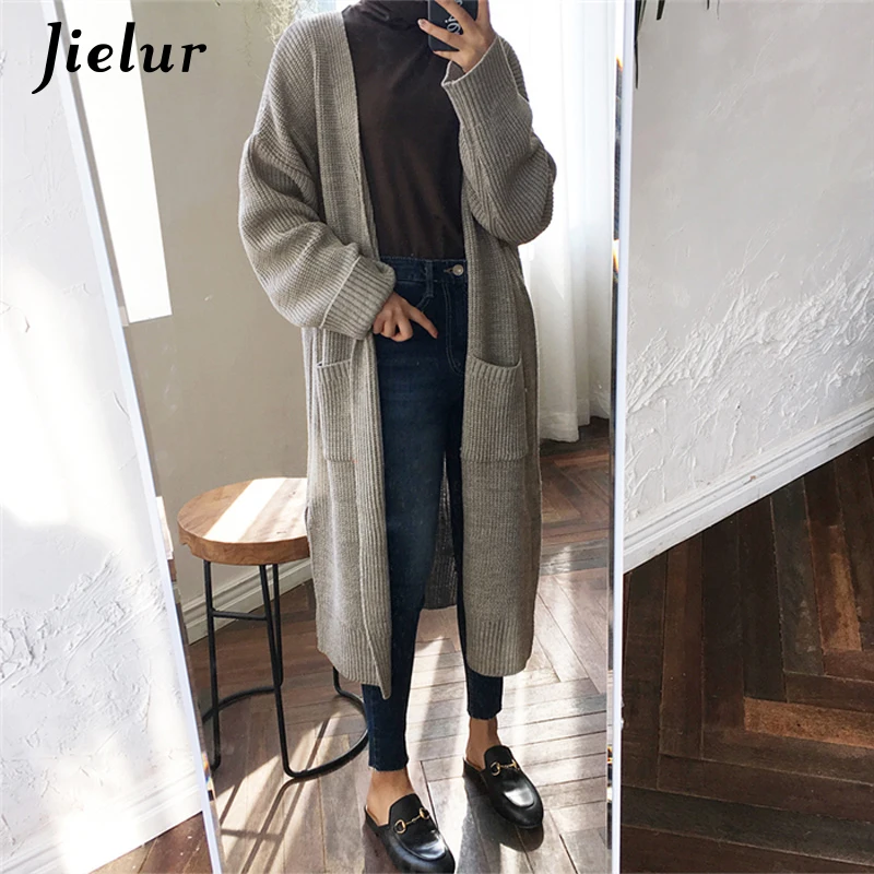 Jielur уличная одежда с карманами длинный кардиган Feminino корейский стиль свитера Мода женские фиолетовые черные женские кардиганы зимние