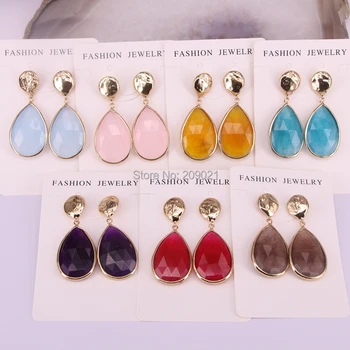 

6Pair Wholesale Carved Crystal Earrings Beautiful Gold Color Metal Drop Shape Gem Earrings