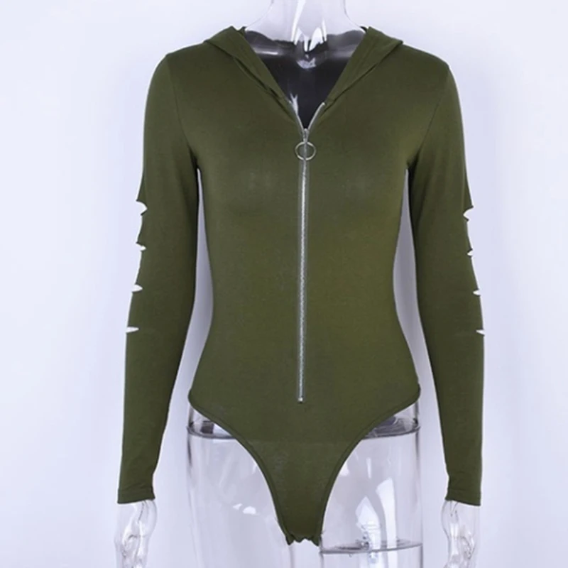 Sexy Bodycon Jumpsuit Romper Long Sleeve Bodysuit Women Front Zipper V