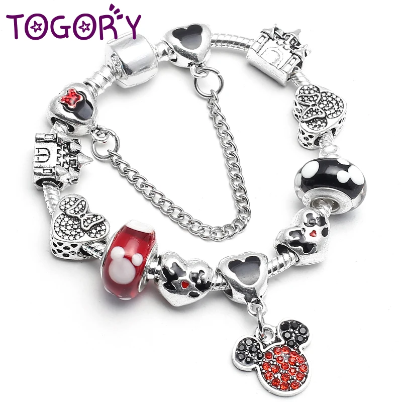 

TOGORY Authentic Mickey Minnie Pendants Charm Bracelet For Kids with Safety Chain Brand Bracelet Best Gift Original Jewelry