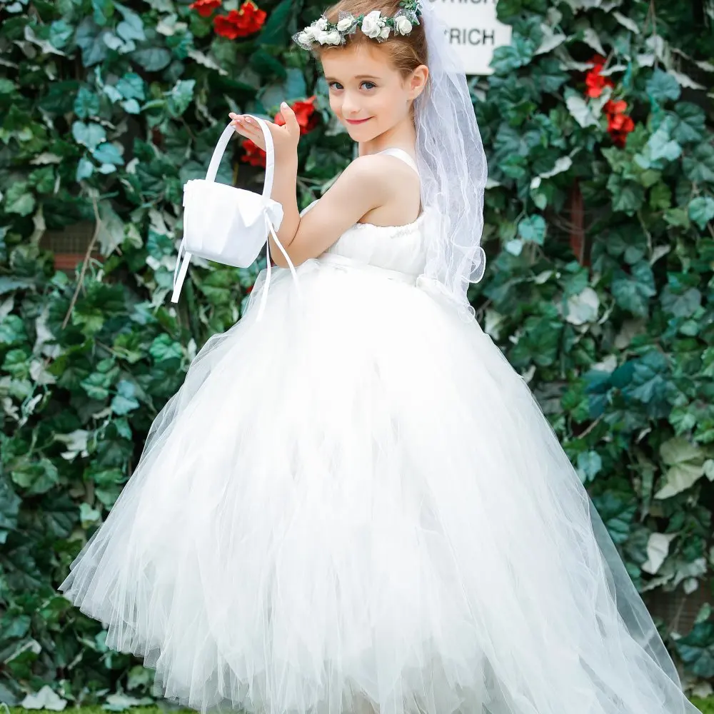 

2016 Ivory Champagne Beige Girl Dress Vintage Girl Tutu Dresses with Long Train Tulle Flower Dress For Wedding Birthday Photo