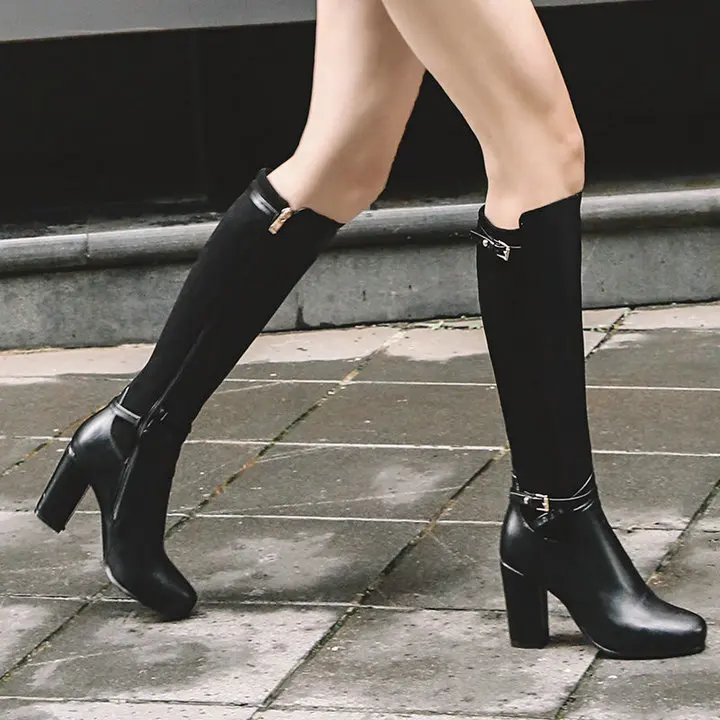Женские сапоги до колена на Высоком толстом каблуке с боковой молнией; модная зимняя обувь с круглым носком и пряжкой; Цвет черный, коричневый