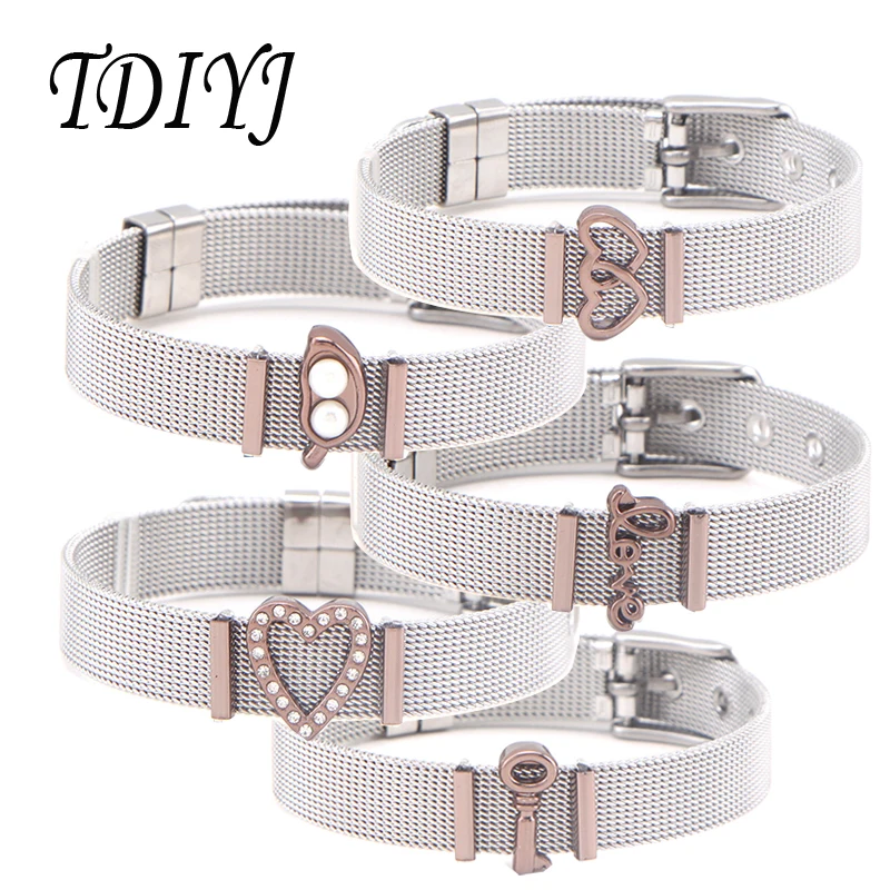 

TDIYJ Stainless Steel Silver Keeper Mesh Bracelet Double Heart Family Love DIY Slide Charms as Woman Bracelet Bangle Jewelry