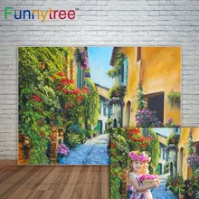 Funnytree primavera backdrops photograpy flores de rua pintura casa fundo ao ar livre photocall para fotografia fotophone
