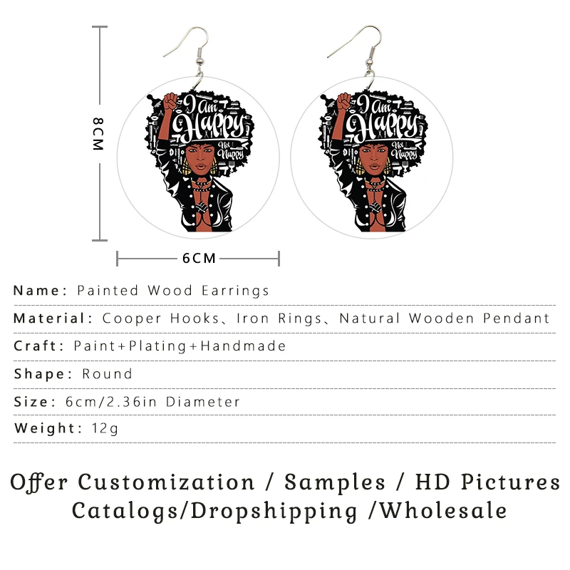 Somesoor Printed Black Sayings Wood Drop Earrings African Queen