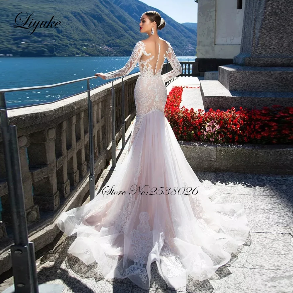 Liyuke с глубоким вырезом из кожи тюль русалка свадебное платье Империя дизайн Аппликации с длинным рукавом свадебные платья