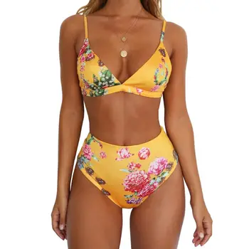 

1 Set Women Swimsuit Hot Sale Two Piece Suit Bra Sexy Panties Stripe Floral High Waist Lady Swimwear Swimming Suit Fashion Padde