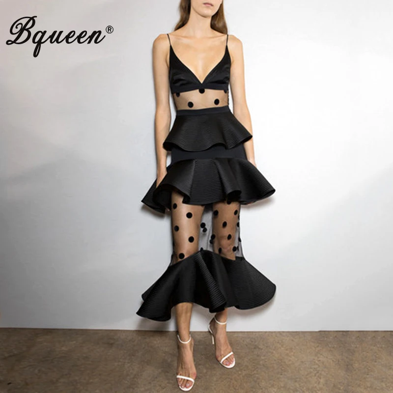 

Bqueen 2019 New Women Dress Sexy Solid Mesh Dotted Ruffle Spaghetti Straps Party Midi Dress Vestidos