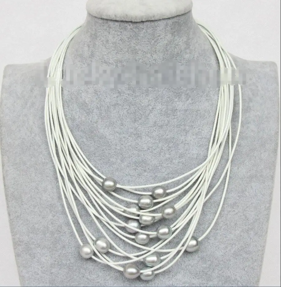 

Hot sale new Style >>>>>17"-24" 13mm 15row gray FW pearls white leather necklace j9652