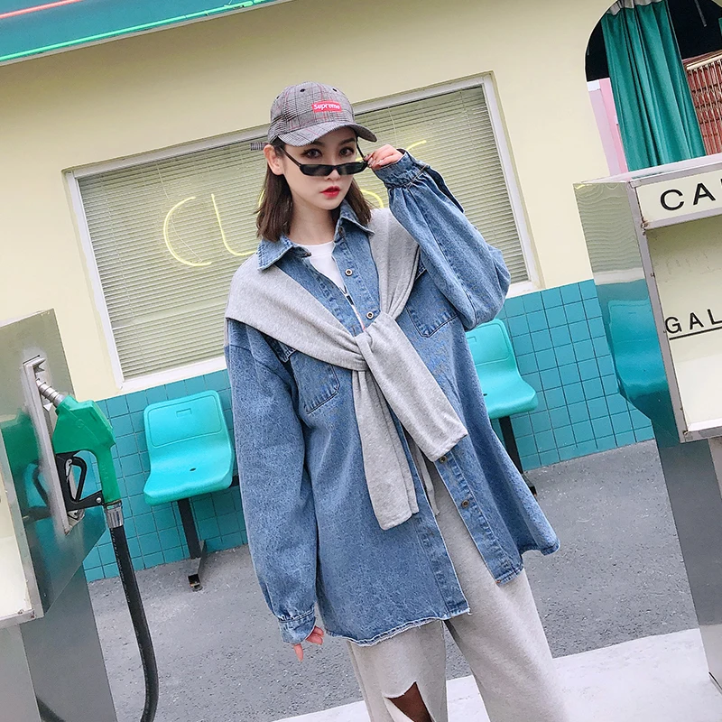 Faux Printemps Nouveauté Pièces 2019 Manteau Denim Conception Femmes Mode Blue Jean Imprimé Veste Tendance Deux Lâche Surdimensionné dnUSWwqH0d