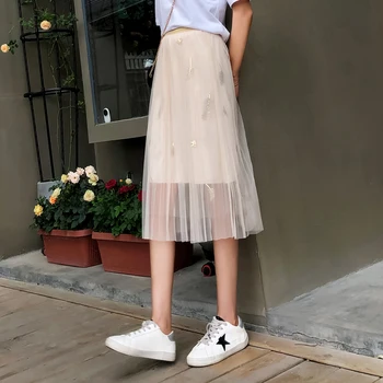 

Mesh Pleated Skirt Fashion Beach Summer Skirts Female 2019 New Feather Elegant Lady Skirts Half-length Women Skirt