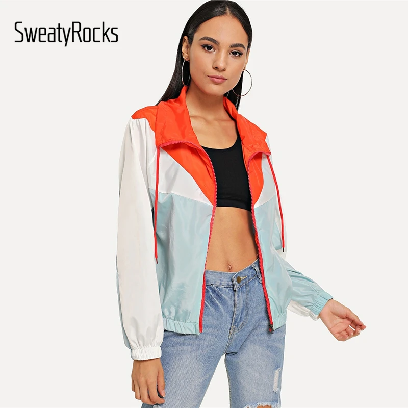 

SweatyRocks Color Block Drawstring Windbreaker Jacket Zip Up Casual Active Wear Coats And Jackets Women Spring Autumn Tops