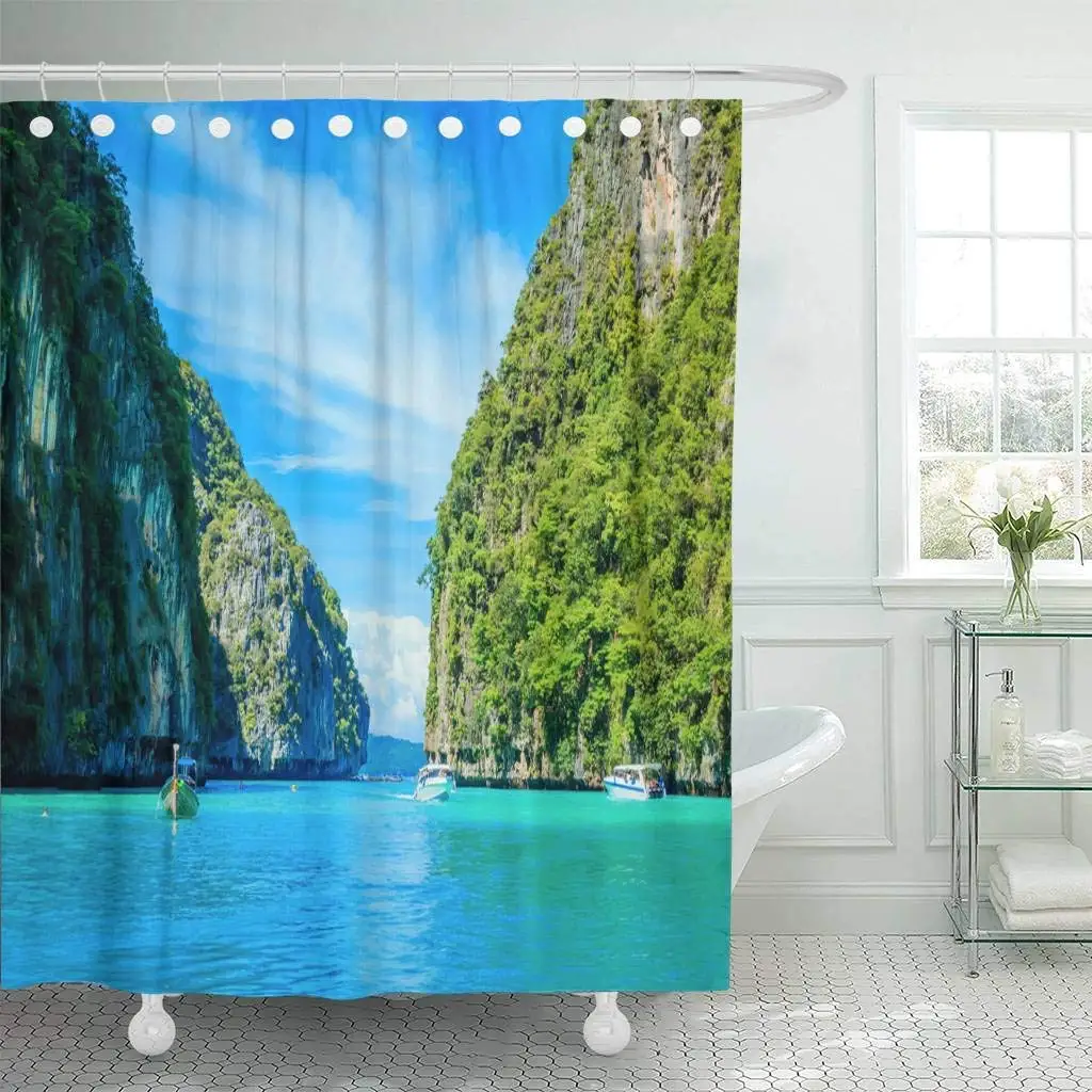 Душевая занавеска с крючками синяя лодка Пхукет в Maya Bay Phi Island Andaman Sea Krabi Тайланд Зеленый пейзаж Азия ванная