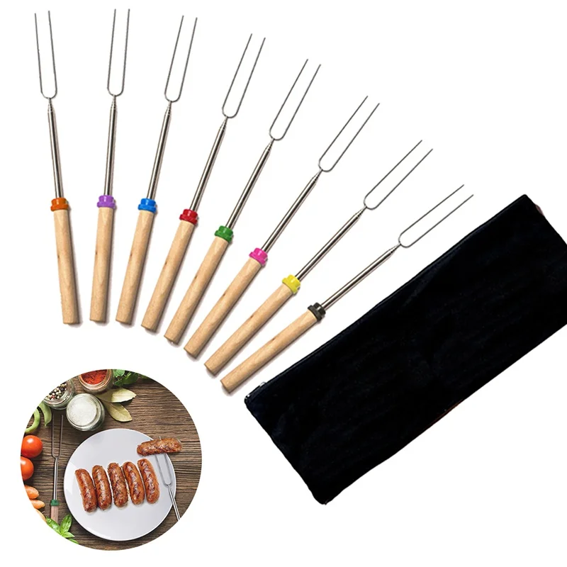 

8pcs/lot Outdoor Cooking Fork Roasting Sticks Extending Roaster Set Telescoping Skewers Hot Dog Forks Fire Pit Camping Cookware