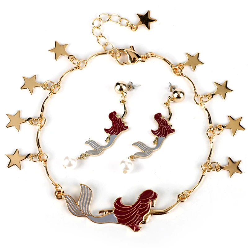 Браслеты Русалочки серьги для женщин модные ювелирные аксессуары девушка Подвески со звездами браслет