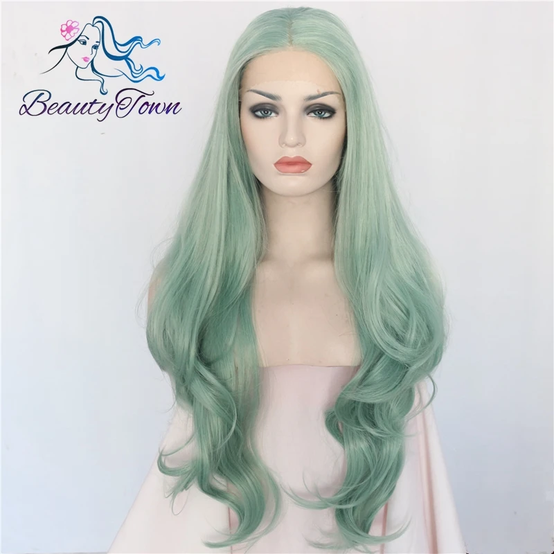 

BeautyTown Handmade Green Color Natural Long Body Wave Style Heat Resistant Hair Glueless Daily Makeup Synthetic Lace Front Wig