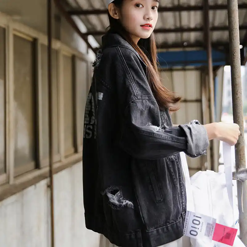 black ripped denim jacket womens