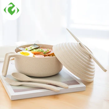 

GUANYAO Solid Bowl Set With chopsticks fork spoon Wheat fiber Bowl with handle cover Single tableware Instant noodles Cute