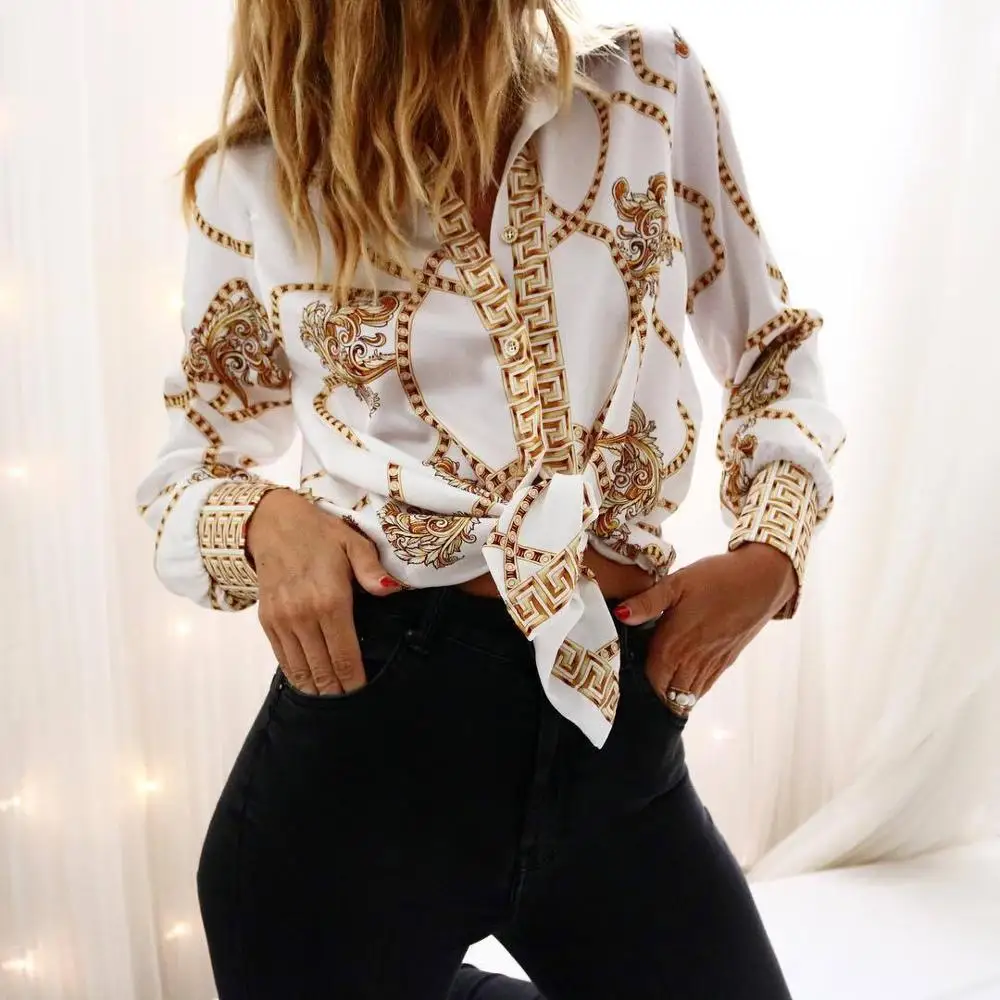

Trendy Cover-up Gold Chain Printed Long Sleeve Women Blouse Autumn Robe Long Party Plus Size High Quality