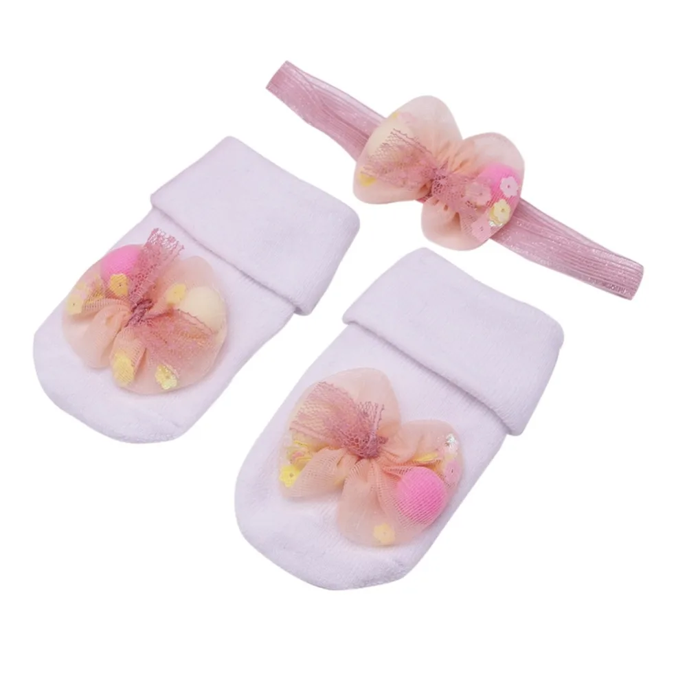 

Newborn Baby Spring Cute Mesh Bow Design Cotton Socks with Hairband Photography Props Set M