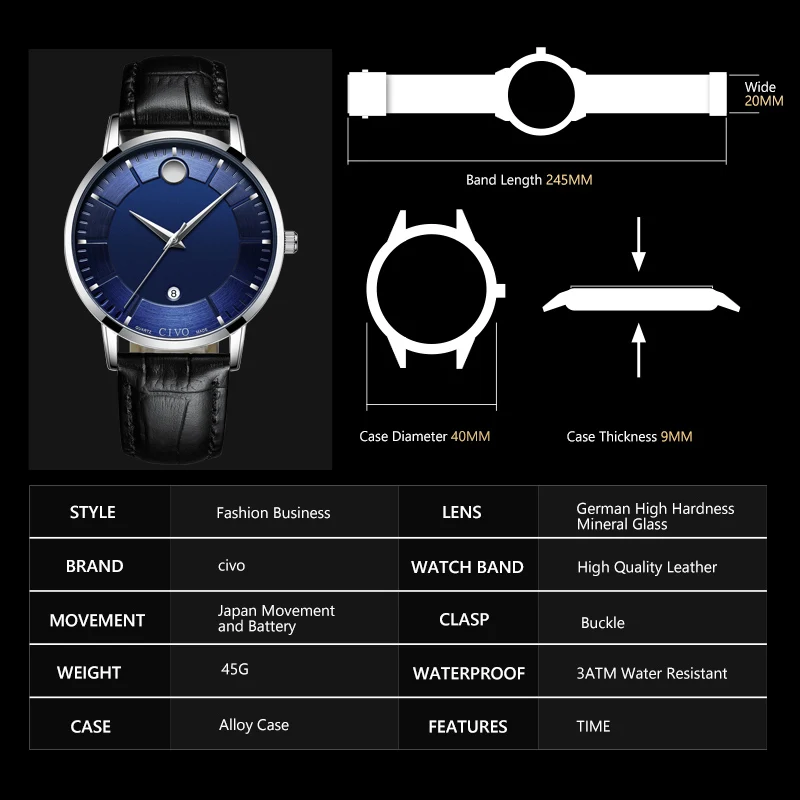 CIVO Simple Casual Mens Watches Waterproof Date Calendar Gents Genuine Leather Quartz Wrist Watches For Men Clock Reloj Hombre
